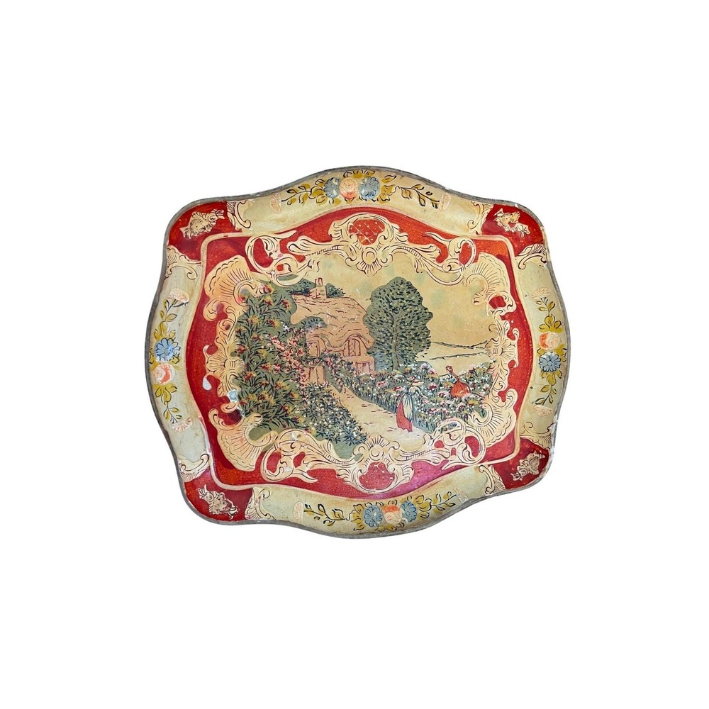 Vintage Japan Papier Mache Decorative Tray Cottage Scene Scalloped Red 14.5in